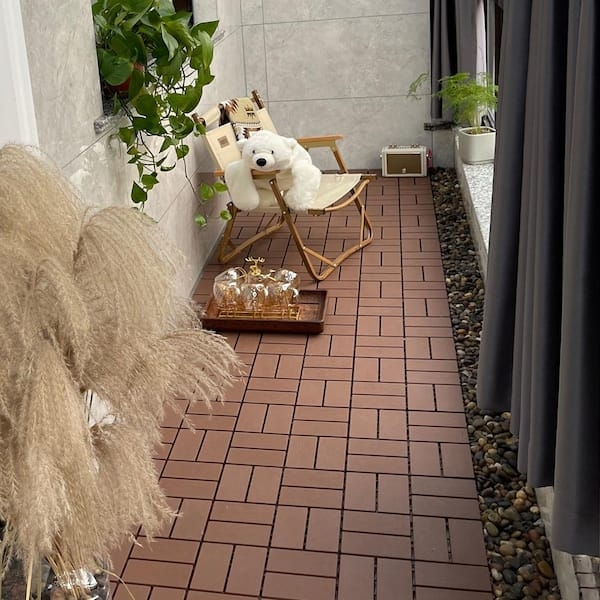 Deck Tiles: Interlocking Slatted Surface, Pebble Accent Border, Brown PVC