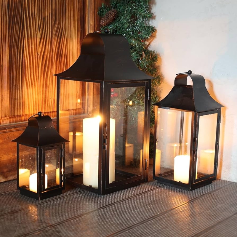 Decorative Lanterns Graduated Heights Set Matte Black Metal Arched Top