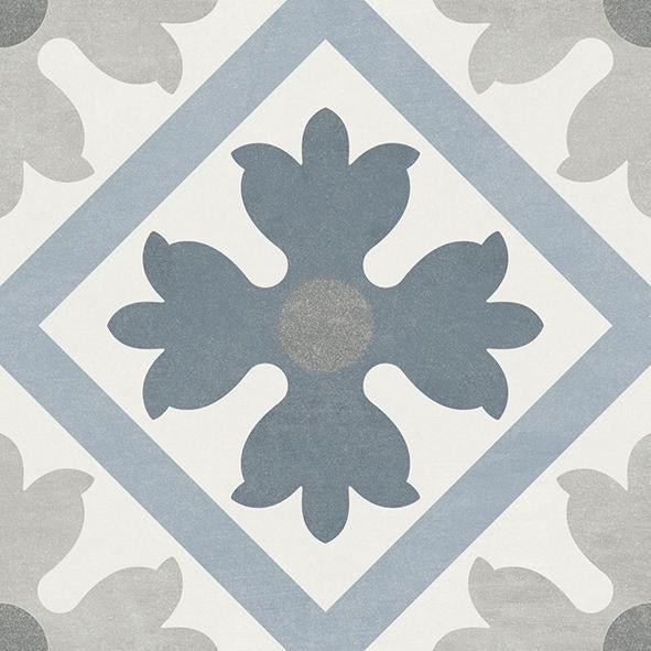 Decorative Tile Dusty Blue Floral Motif Diamond Frame Matte Porcelain