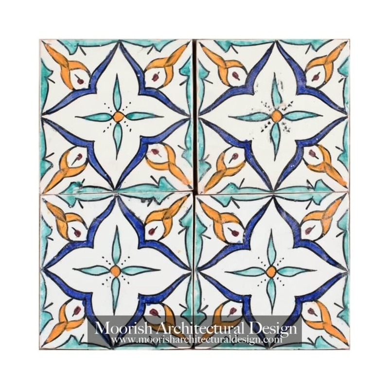 Decorative Tile Four Petal Motif Hand Painted Look Spanish Colonial