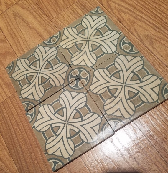 Decorative Tile, Vintage Art Deco Geometric Teal & Beige Pattern