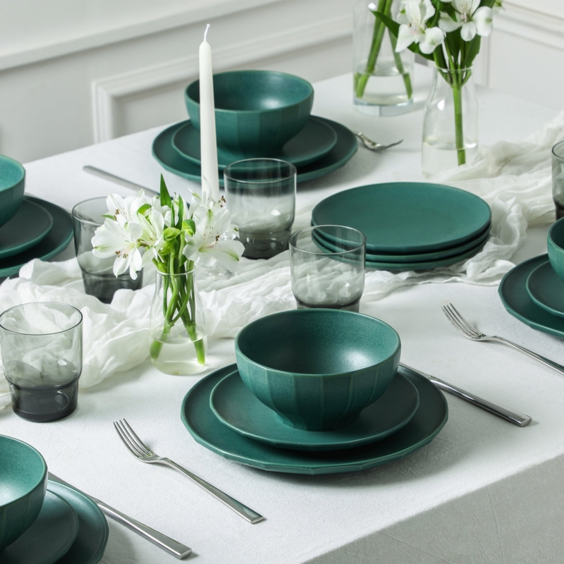 Deep Teal Fluted Stoneware Dinnerware Set paired with Smoky Glassware