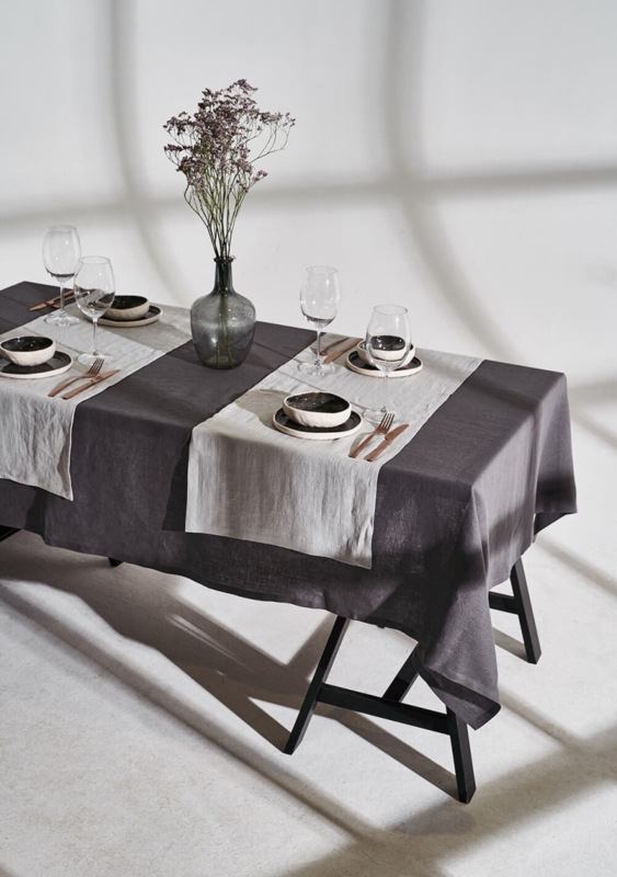 Dim Gray Linen Tablecloth with Contrast Runners for Minimalist Dining.
