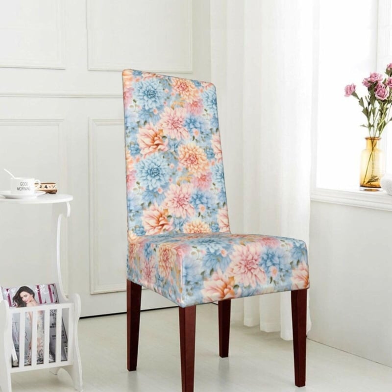 Dining Chair Slipcover Pastel Dahlia Print Stretch Parsons High Back