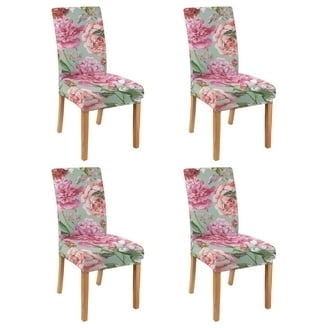 Dining Chair Slipcover Pink Peony Botanical Print Stretch Shabby Chic