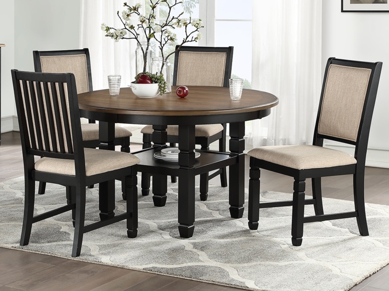 Dining Room Set Round Two Tone Black And Brown Integrated Storage Shelf