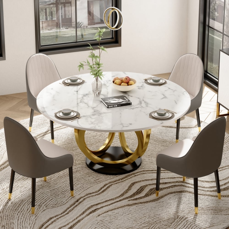 Dining Set Gold Ring Base Quilted Chairs Marble Look Glam