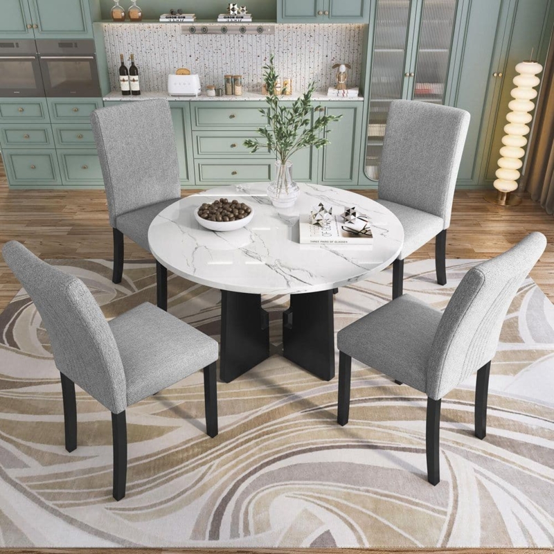 Dining Set, Marble Textured Top Round, 5-Piece Modern Grey