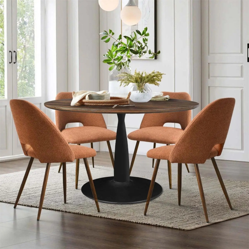 Dining Set Round Walnut Table Black Pedestal Base Terracotta Upholstery
