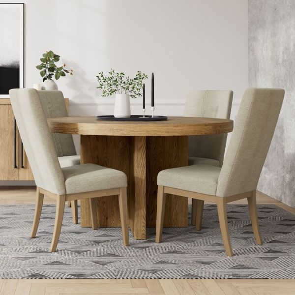 Dining Set Round Wood Pedestal Table Beige Upholstered High Back Chairs