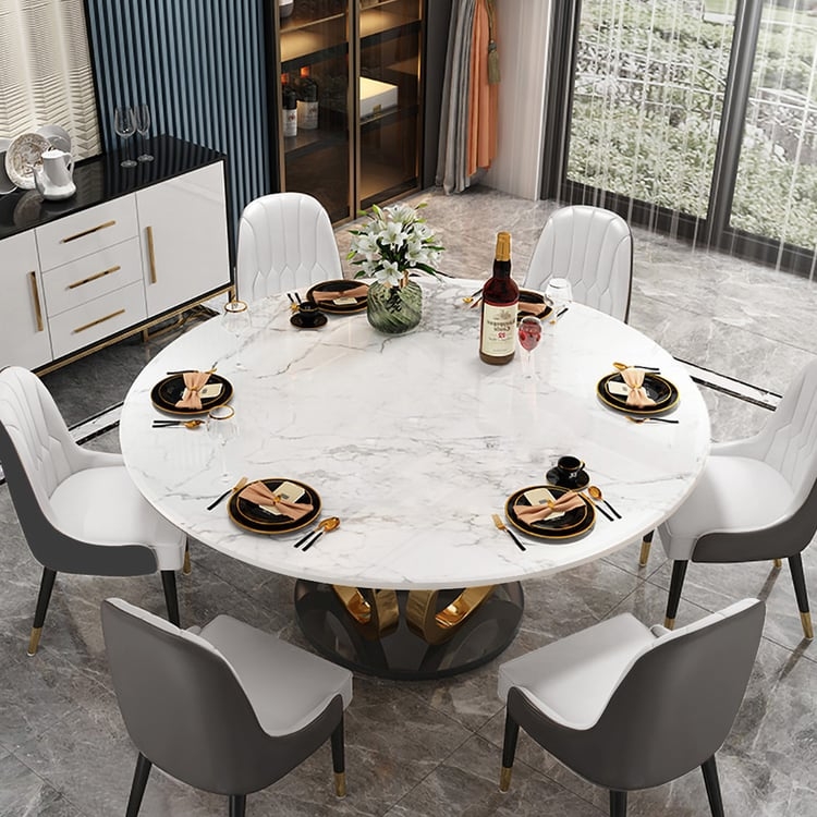 Dining Set, Sculptural Gold Base Pedestal, Modern Stone Look Top