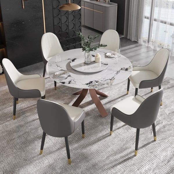 Dining Set, Two Toned Chairs Lazy Susan, Copper Pedestal Base
