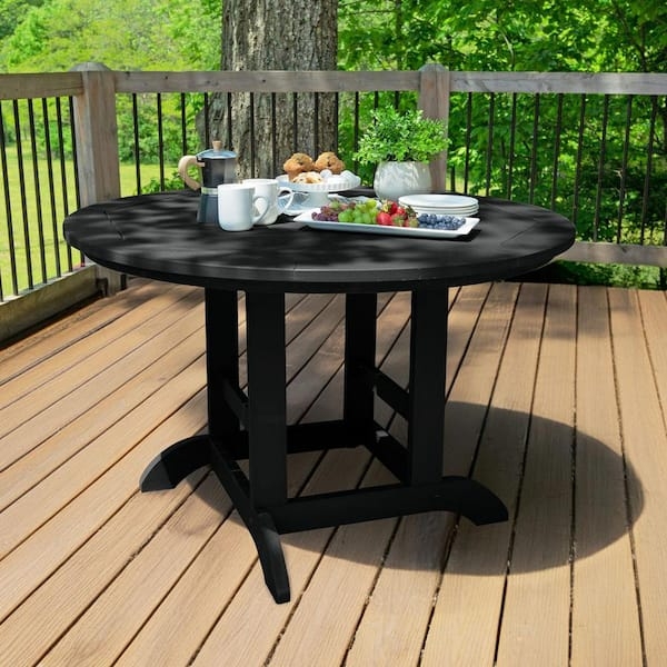 Dining Table Black Poly Lumber Round Top Pedestal Base Matte Finish