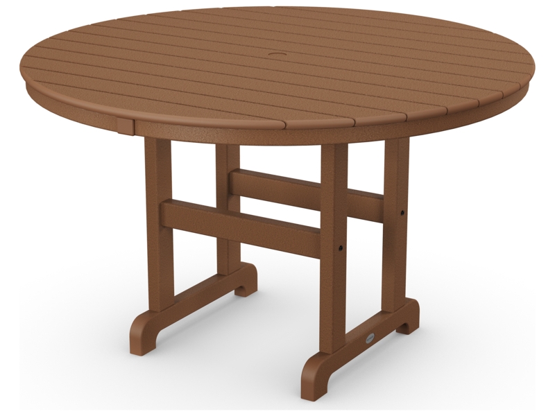 Dining Table Brown Composite Round Slatted Top Umbrella Hole Sturdy Base