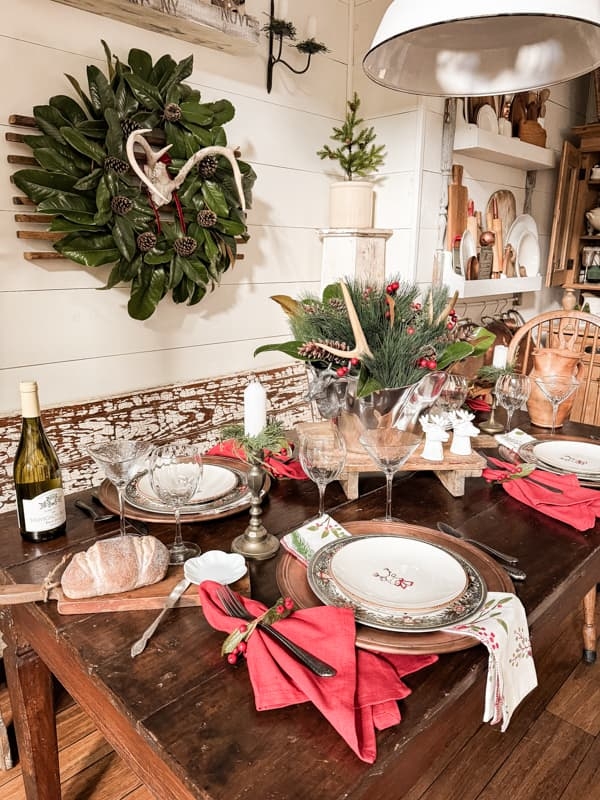 Dining Table Cabin Tablescape Antler Accents Magnolia Leaf
