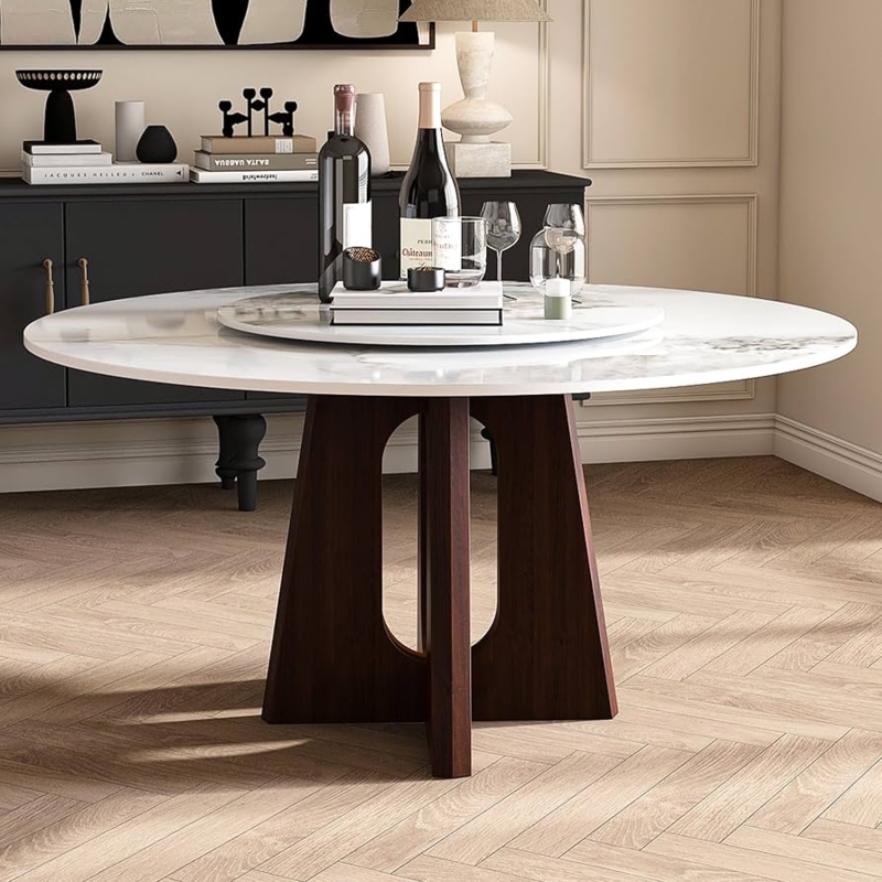 Dining Table, Cross Shaped Pedestal Base, Modern Walnut, Rotating Tray
