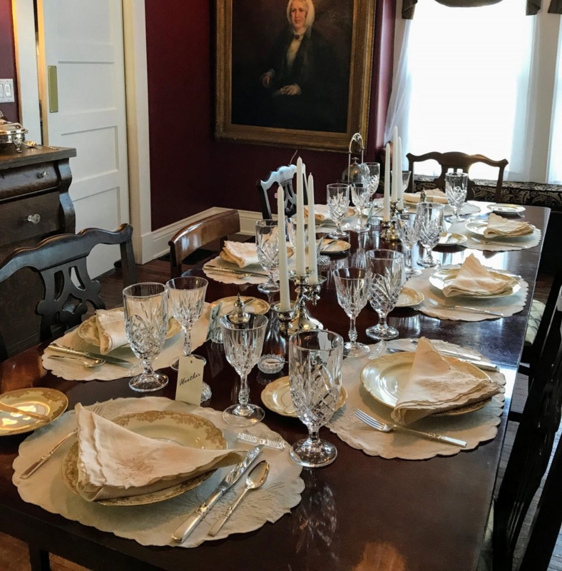 Dining Table Dark Wood Crystal Glassware Traditional Portrait Art