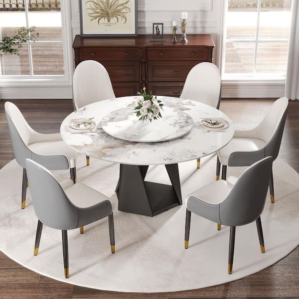 Dining Table, Geometric Pedestal Base Round, Gold Tipped Legs