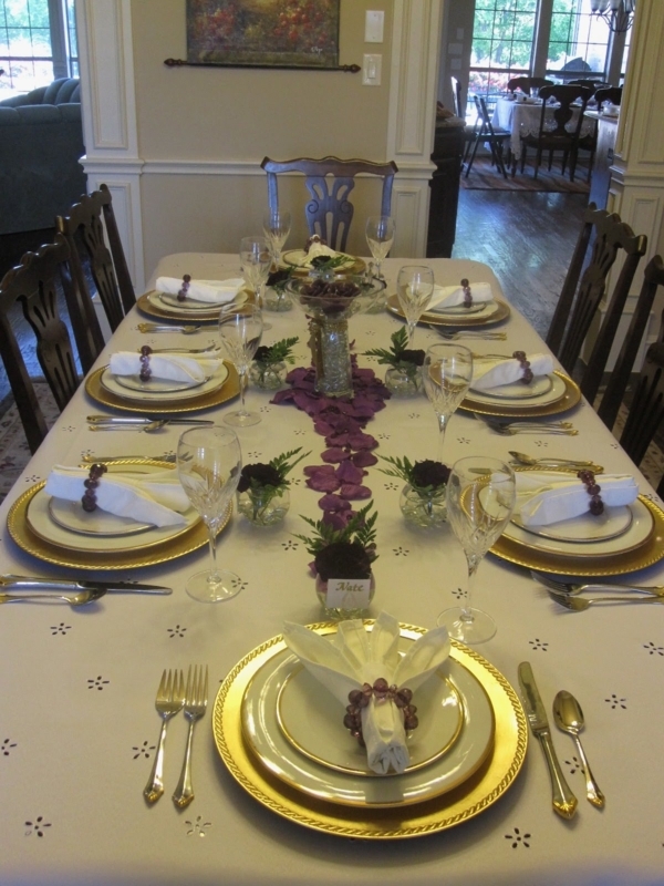 Dining Table Gold Beaded Chargers Purple Petal Runner Crystal