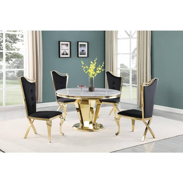 Dining Table Gold Pedestal Black Tufted Chairs Faux Marble