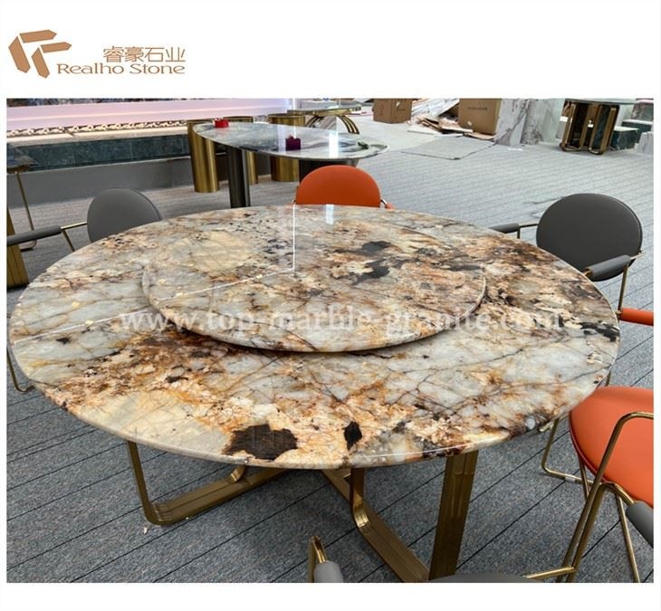Dining Table, Highly Figured Stone, Gold Base, Luxury Lazy Susan