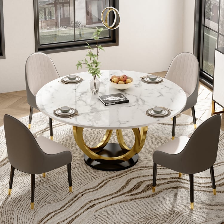 Dining Table, Interlocking Ring Pedestal Base, Round Faux Marble Top