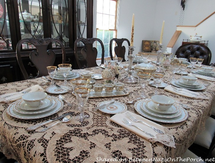 Dining Table Intricate Lace Tablecloth Gold Rimmed China Vintage