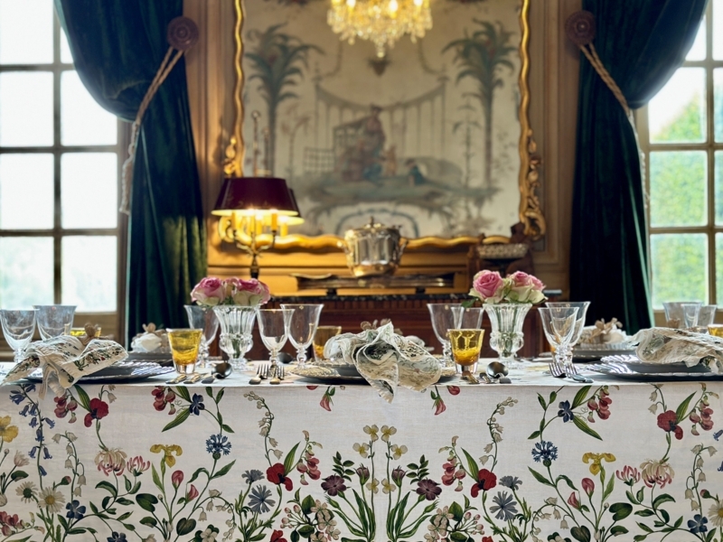 Dining Table Maximalist Floral Botanical Tablecloth Crystal Stemware