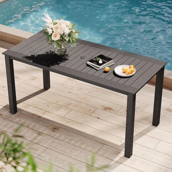 Dining Table, Modern Grey Rectangular Slatted Top with Umbrella Hole