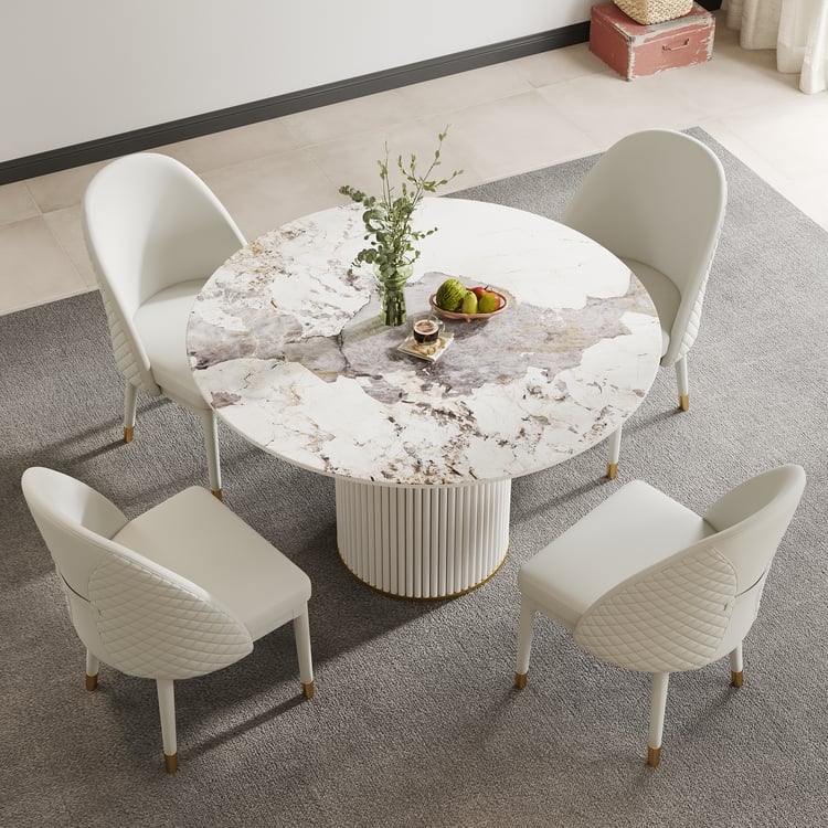 Dining Table Round Ribbed Pedestal Base With Marbled Sintered Stone Top