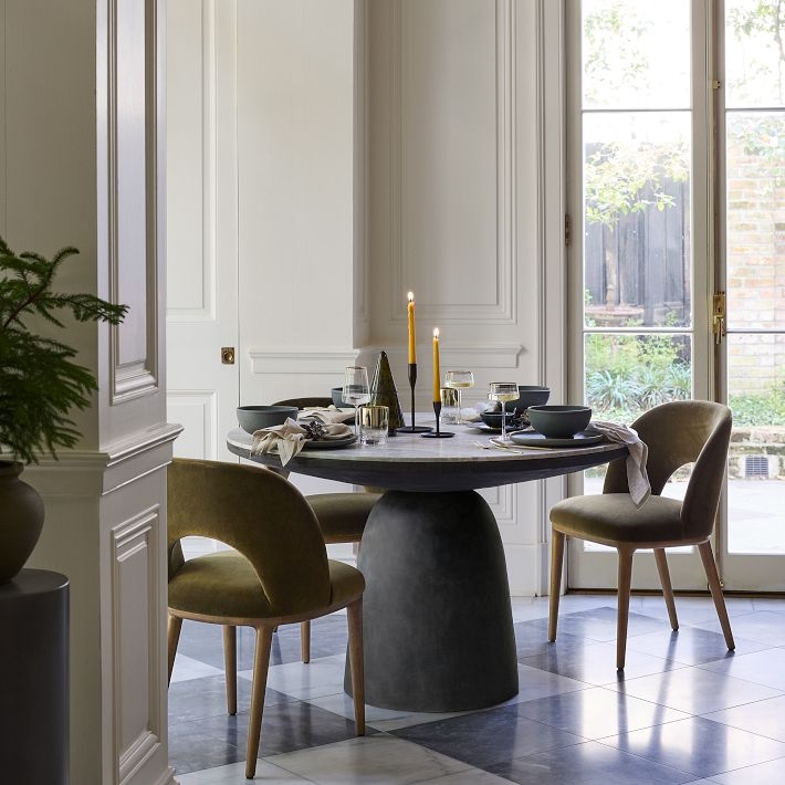 Dining Table, Round Stone Top Pedestal, Olive Green Chairs