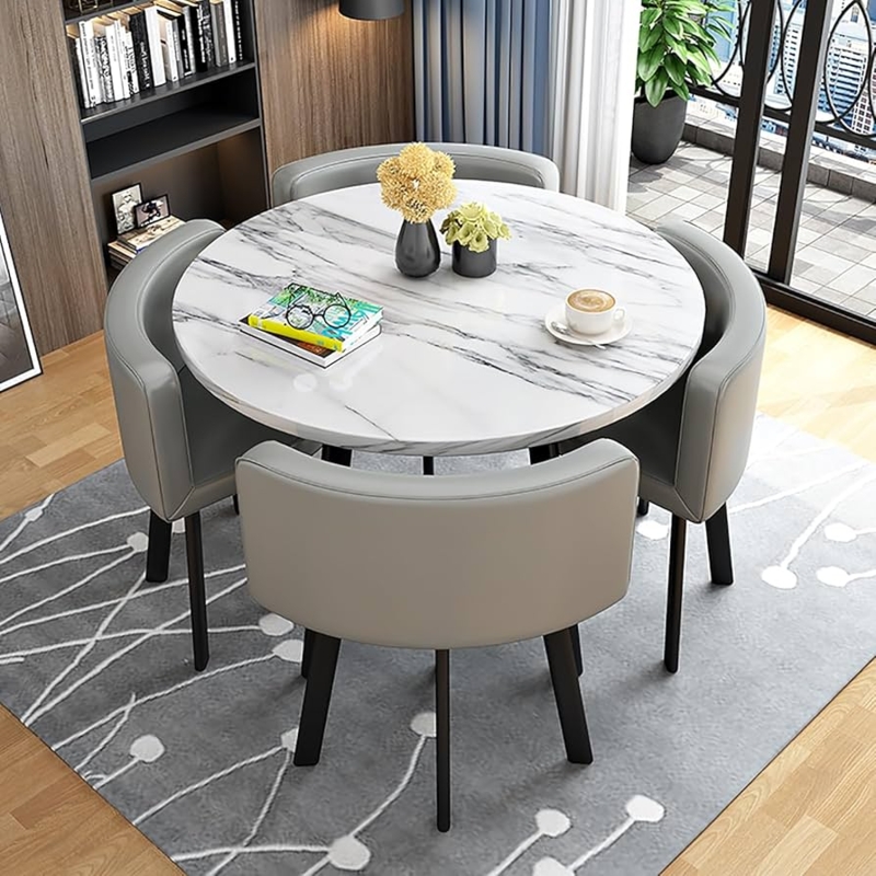 Dining Table Set Compact Round Marble Look Top With Tuckable Grey Chairs