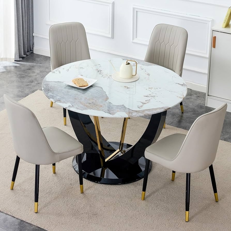 Dining Table Set Curved Black Pedestal Gold Tipped Legs Grey