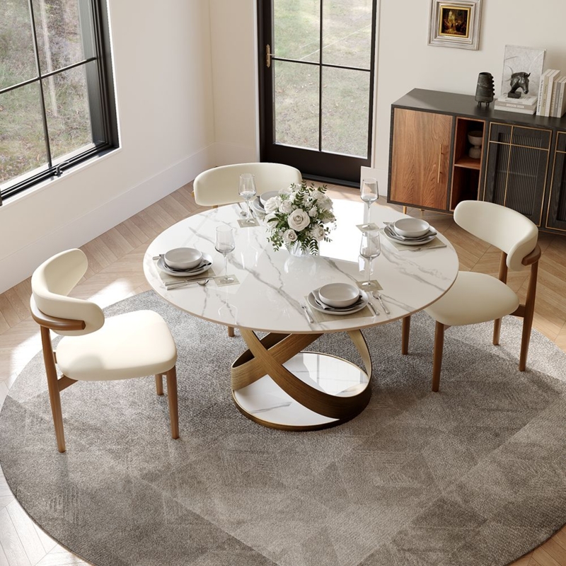 Dining Table Set Modern Round Sculptural Ribbon Base Marbled Stone Top