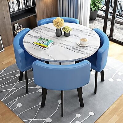 Dining Table Set Nesting Blue Chairs Space Saving Marble Top