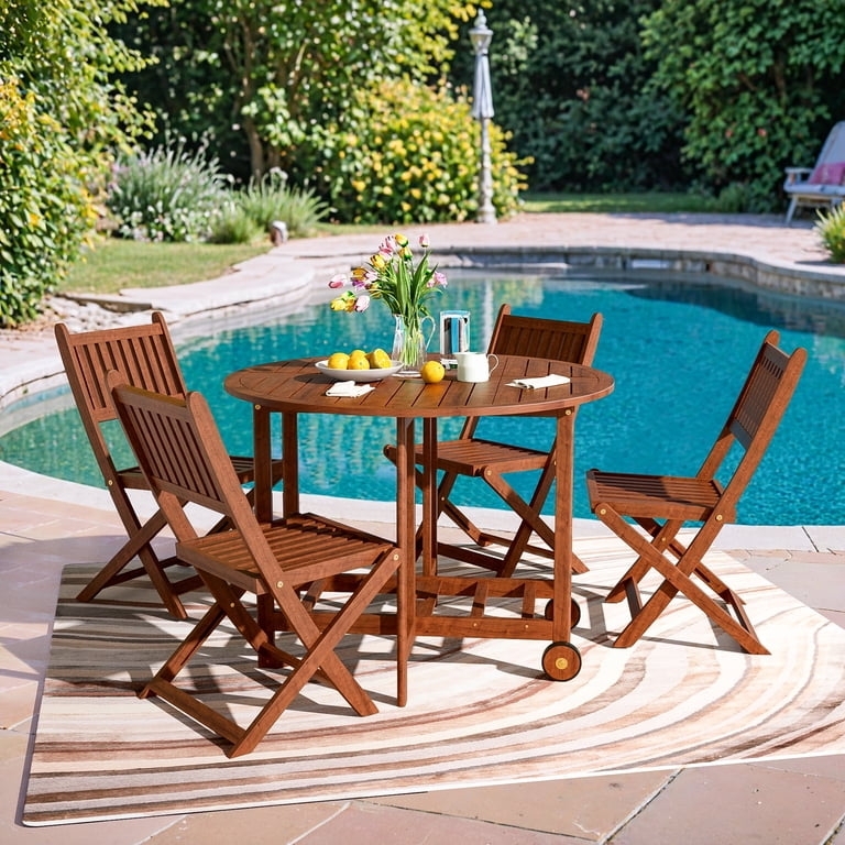 Dining Table Set Round Wood Toned Folding Slat Back Chairs Poolside