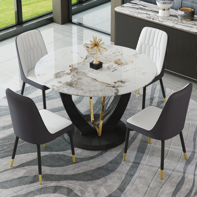 Dining Table Set Sculptural Base Two-Tone Chairs Glam Marble Top