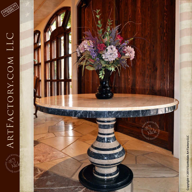 Dining Table, Striped Stone Pedestal, Two Tone Marble, Bullnose Edge