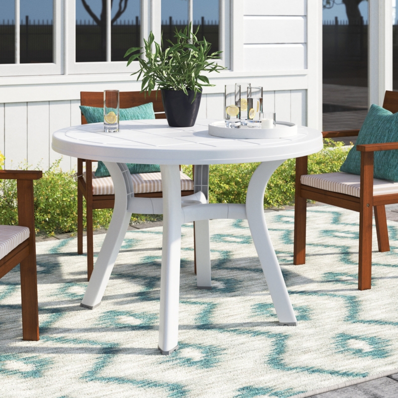 Dining Table White Flared Legs Umbrella Hole Paneled Top Casual Coastal