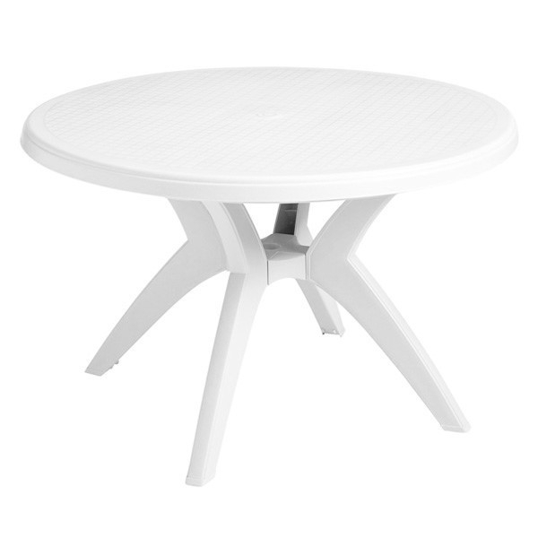 Dining Table White Resin Round Grid Top Curved Base Umbrella Hole