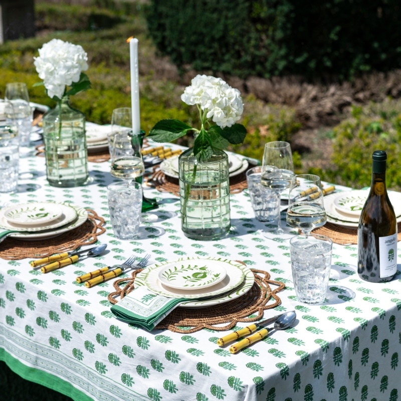 Dining Table with Block Printed Linens and Bamboo Cutlery Sets