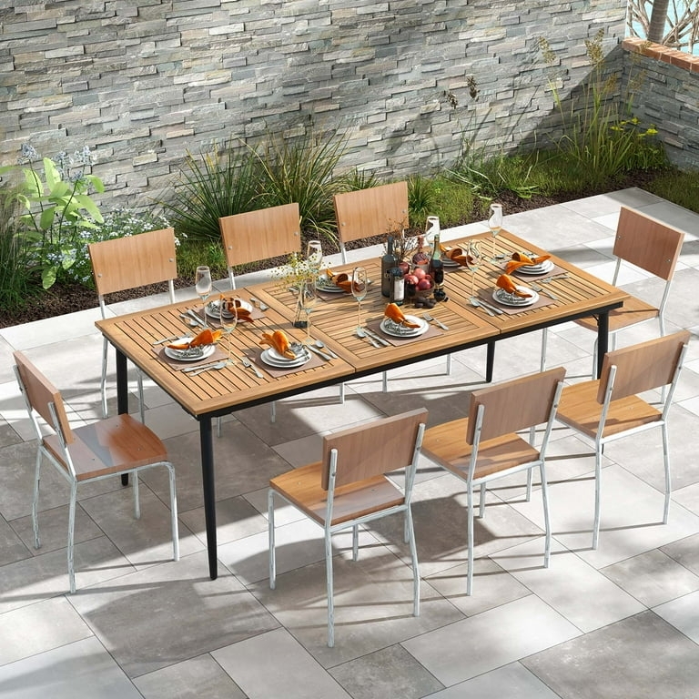 Dining Table with Mixed Material Black Metal Legs and Wood Slatted Top