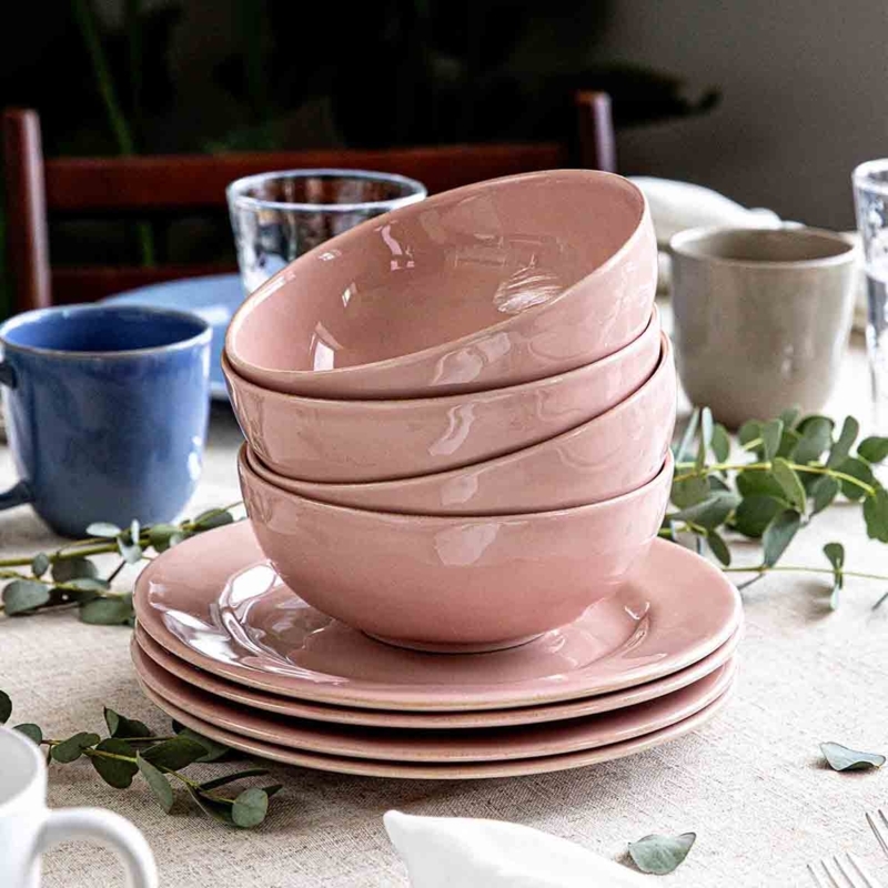 Dinnerware Set Blush Ceramic with Organic Rim Glossy Finish