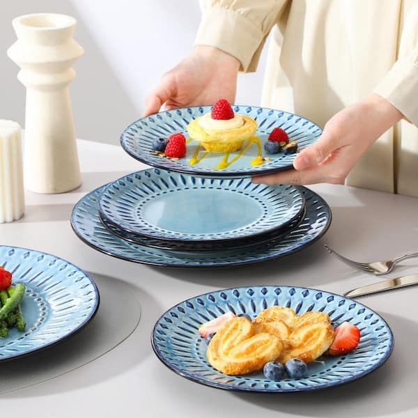Dinnerware Set Embossed Radial Pattern Navy Blue Rim Two Tone Porcelain