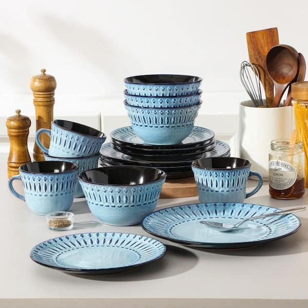 Dinnerware Set Light Blue Porcelain Embossed Geometric Pattern Dark Rims