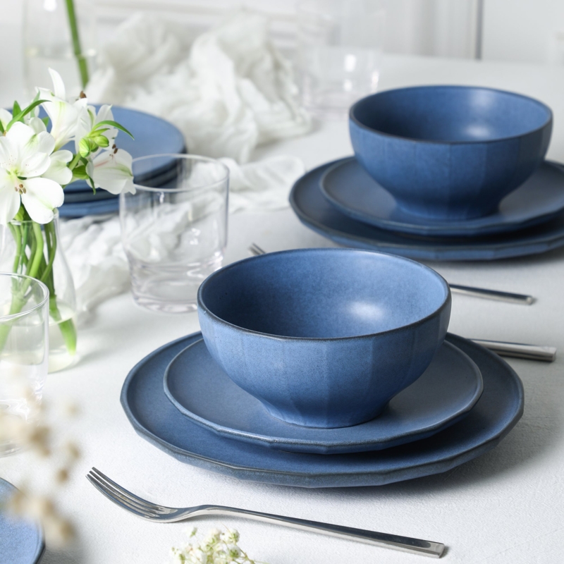 Dinnerware Set Matte Blue Stoneware Faceted Bowls Scandinavian Style