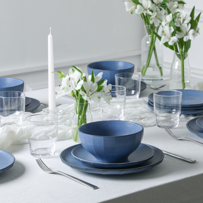 Dinnerware Set Matte Blue Stoneware Fluted Bowl Design Modern Coastal