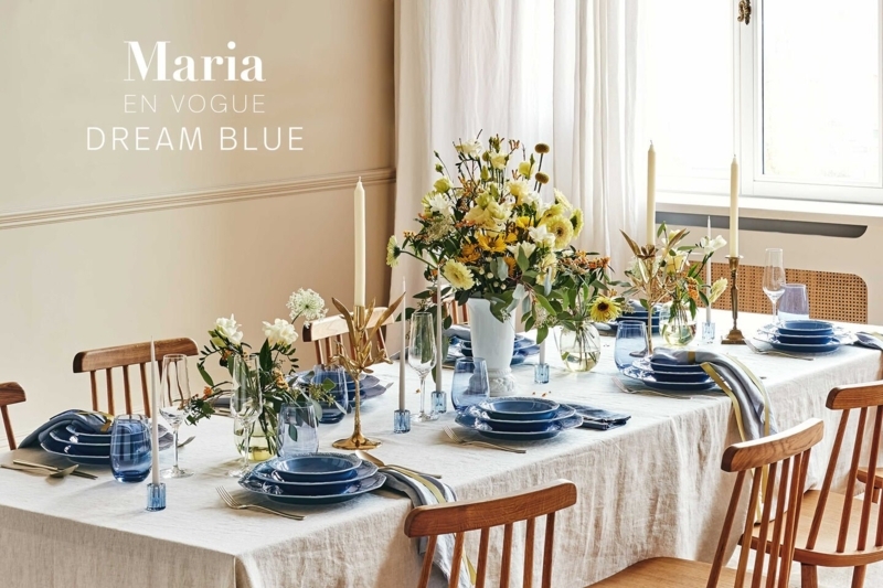 Dinnerware Set Navy Blue Plates and Spindle Back Chairs