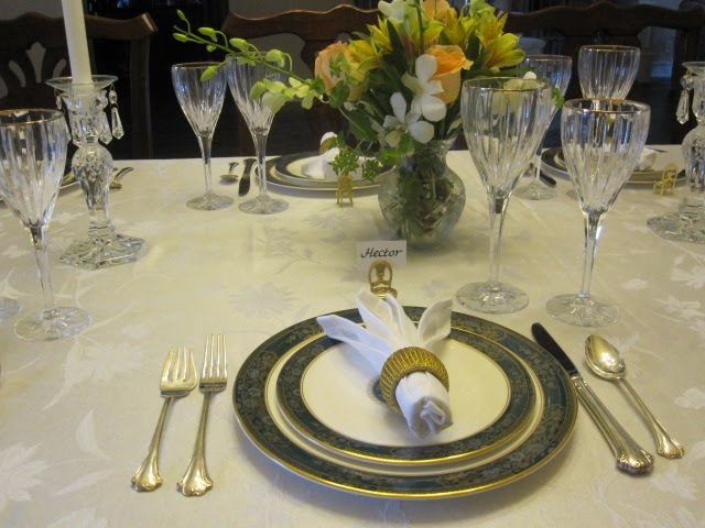 Dinnerware Set Navy Rimmed China and Textured Gold Napkin Ring
