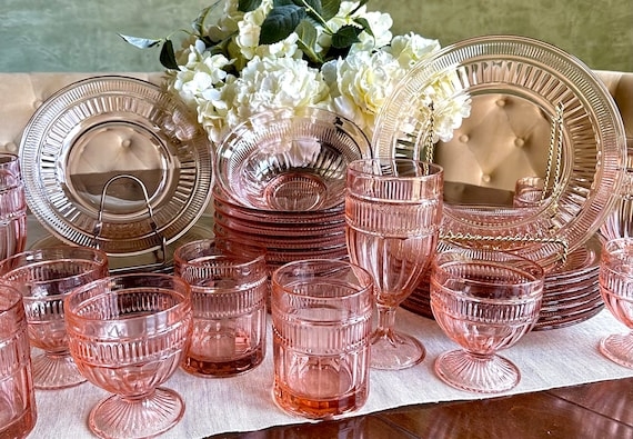 Dinnerware Set Rosewater Glass Ribbed Texture Depression Style